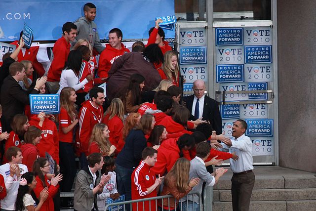 Barack Obama visiting the University of Wisconsin Madison campus at Library Mall on 9 28 2010. John Kees