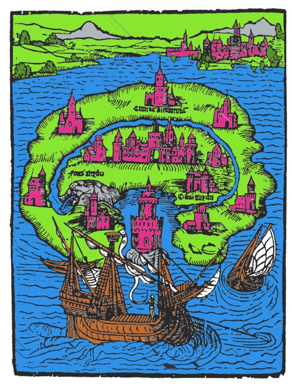 Titelholzschnitt aus Thomas Morus Roman Utopia Wikimedia Commons